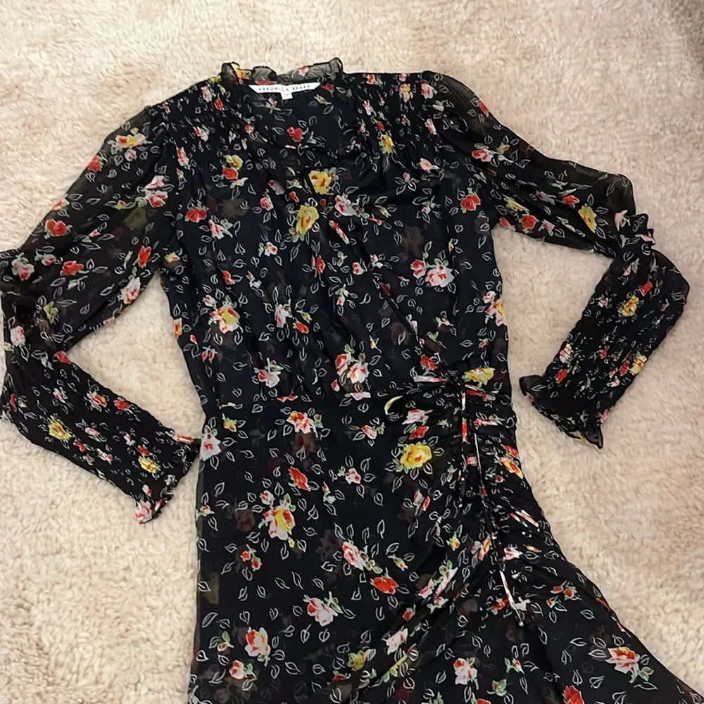 Veronica Beard Black Armeria Floral Print Long Sleeve Silk Dress Size 6 - Picture 7 of 10